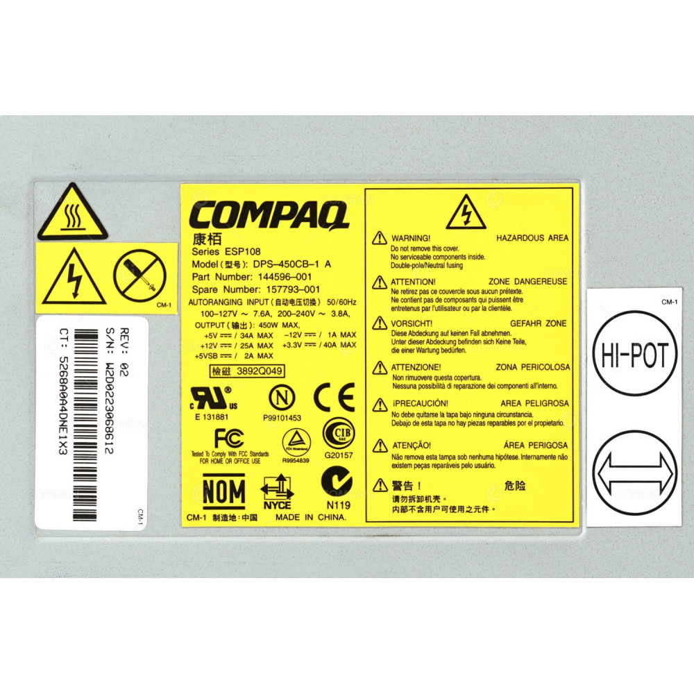 157793-001 HP 450W POWER SUPPLY FOR HP PROLIANT ML350 ML530 ML570 G1